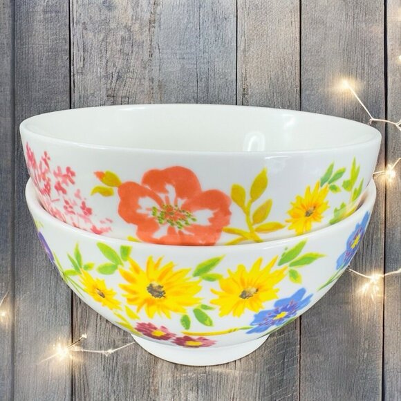 ANTHROPOLOGIE Ceramic Deep Dish Bowl Set 2 Dishes Bowls Flower Multicolor Pair - Picture 2 of 16